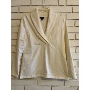 Talbots Sz Medium‎ Petite Cotton Blend Stretch Knit Long Sleeve V-Neck Top White